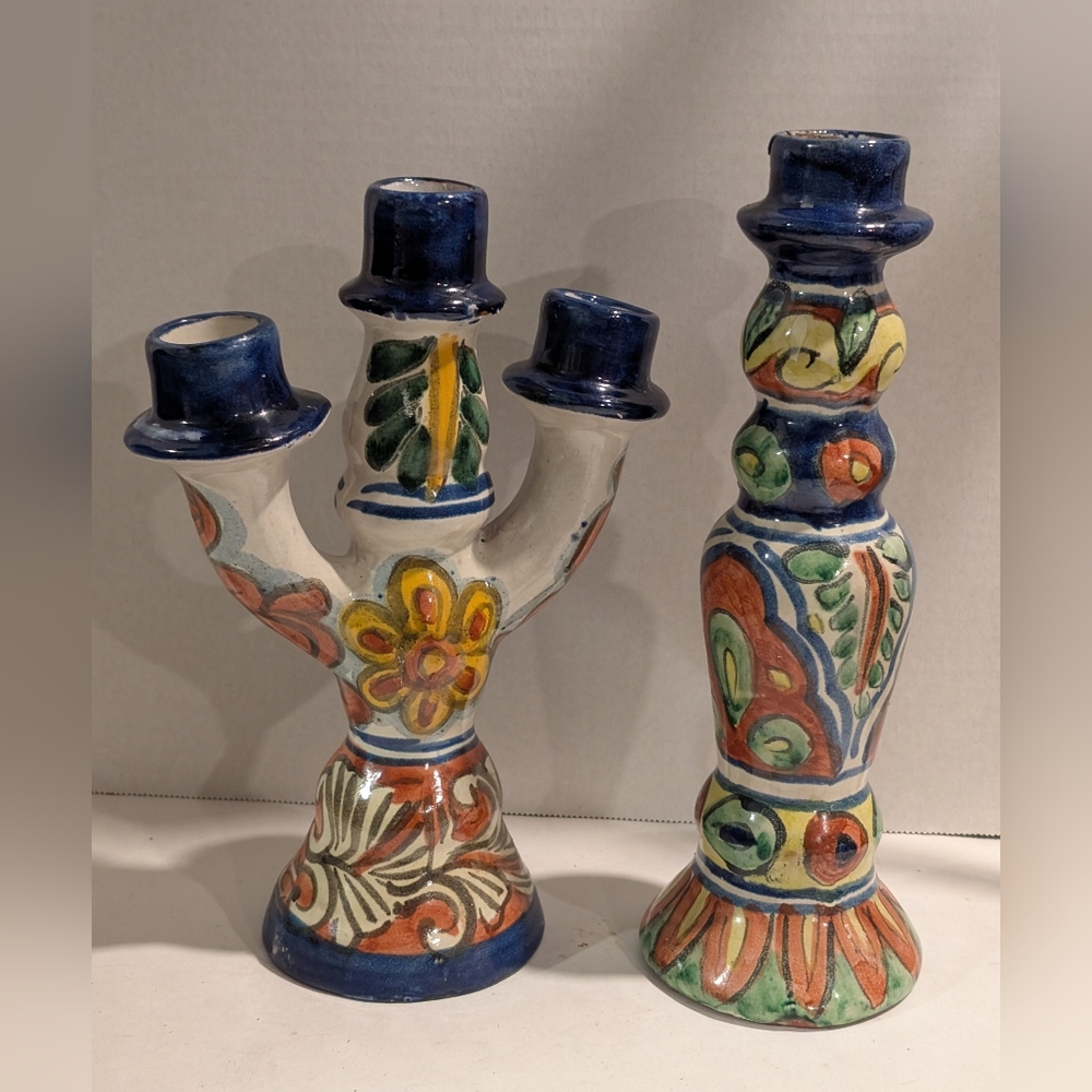Two Talavera Candel Holder, a type of hand-painted Mexican ceramic.